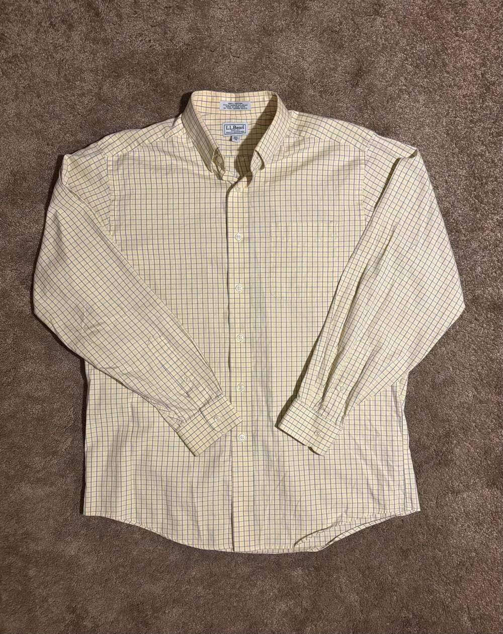 Vintage L.L. Bean Mens L Yellow Plaid Button Down Cotton Shirt Hong Kong Made
